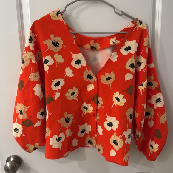 Zara Tops - Zara Bright Orange Red Floral Print Blouse Ballon Sleeve V-Neck Medium Top